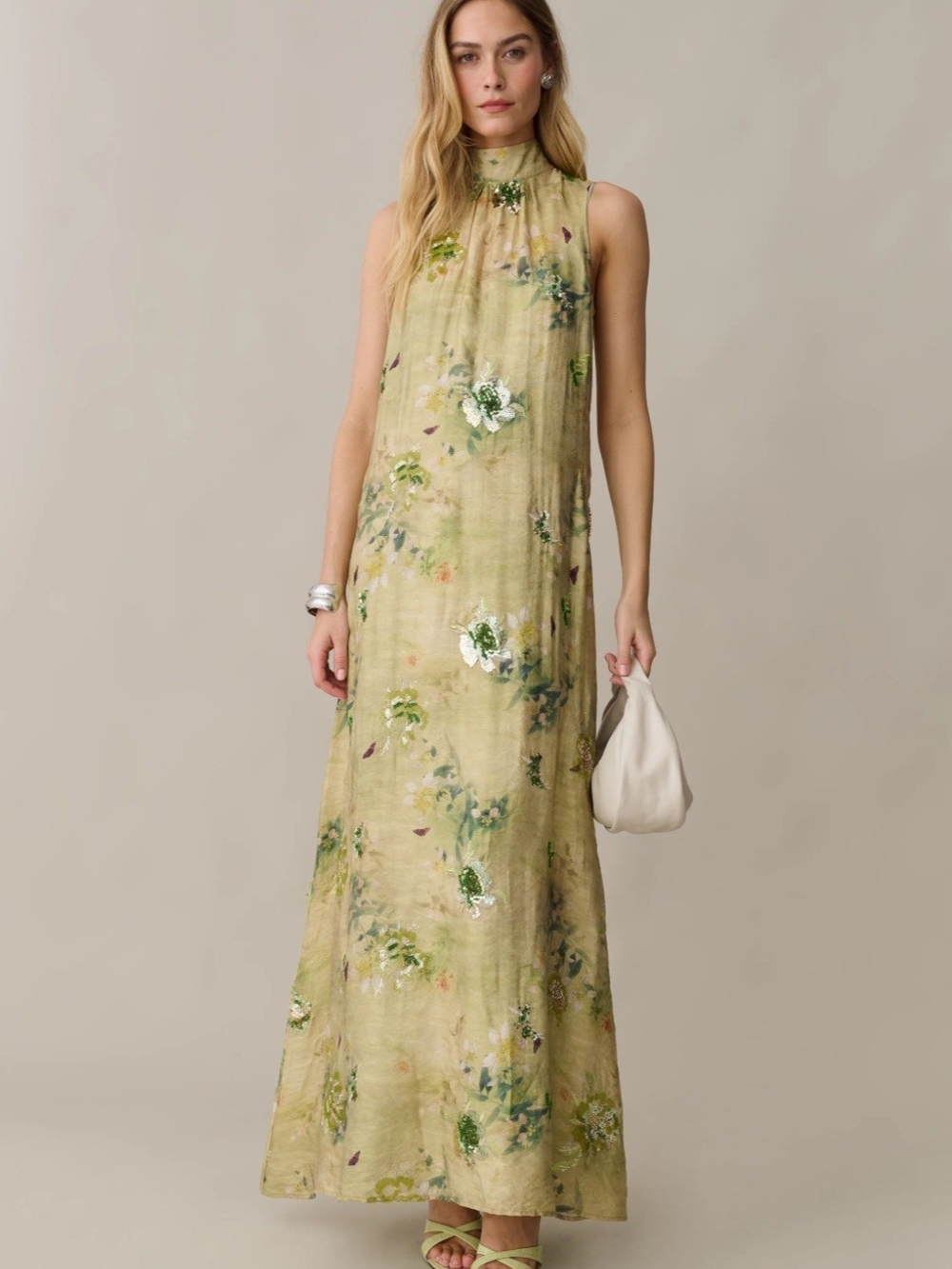 Few Moda O.P.T. High-Neck Floral Maxi Dress in Soft Green With Floral Beading